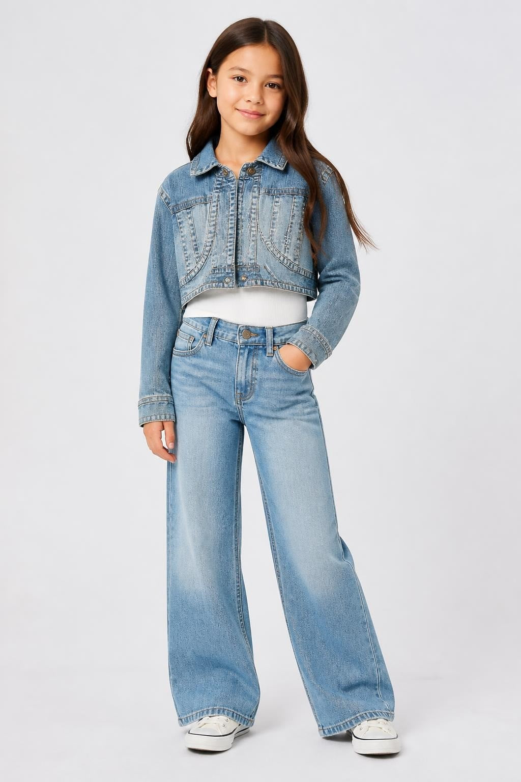 Kids Denim Jacket, Light Blue, Small Size - on model shot, second-hand at Why Go Less, Dekwaneh, Lebanon