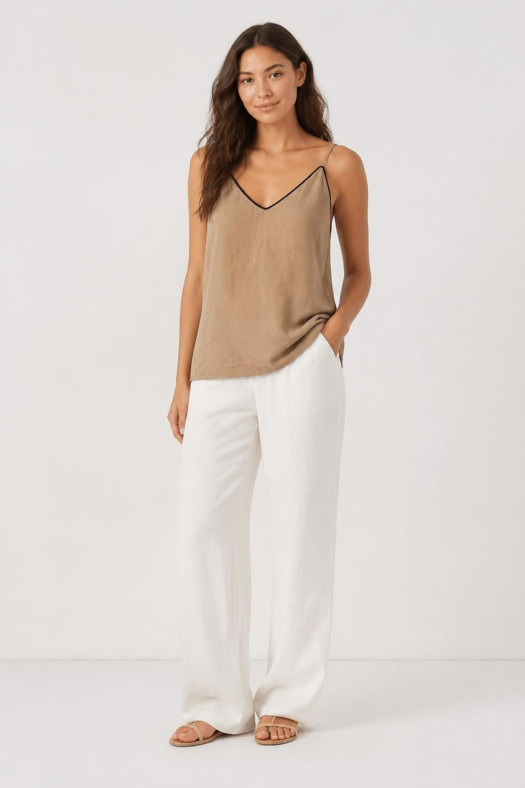 Beige Satin Cami Top With Black V-Neck Trim - on model shot, second-hand at Why Go Less, Dekwaneh, Lebanon
