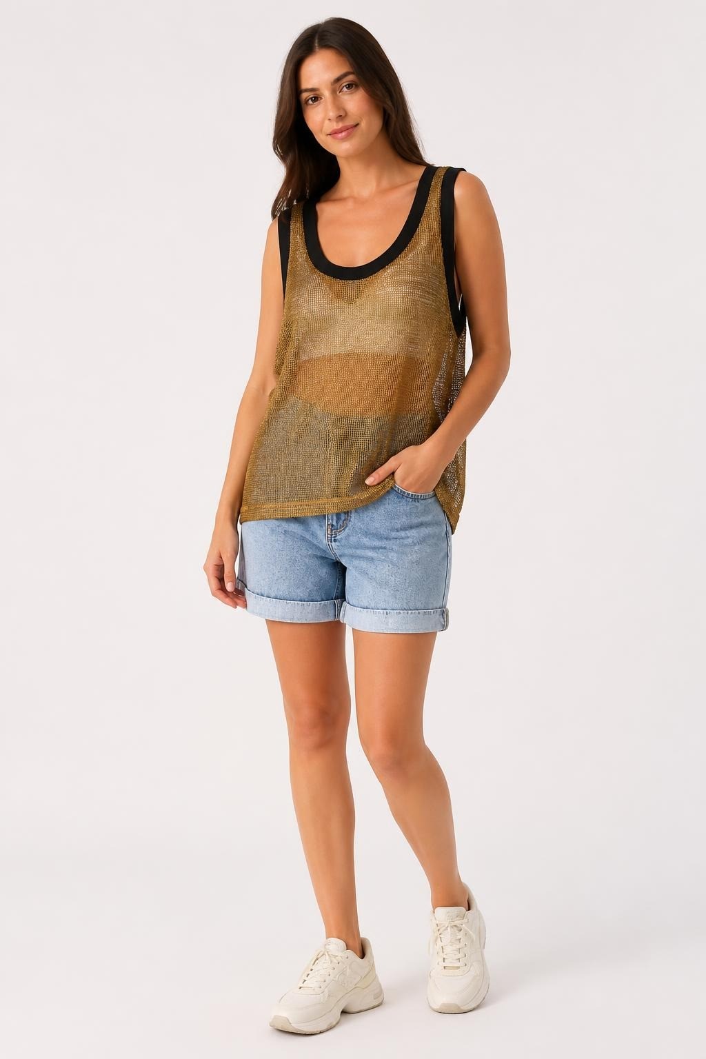 Zara Gold Mesh Tank Top with Black Trim - at Why Go Less, Lebanon