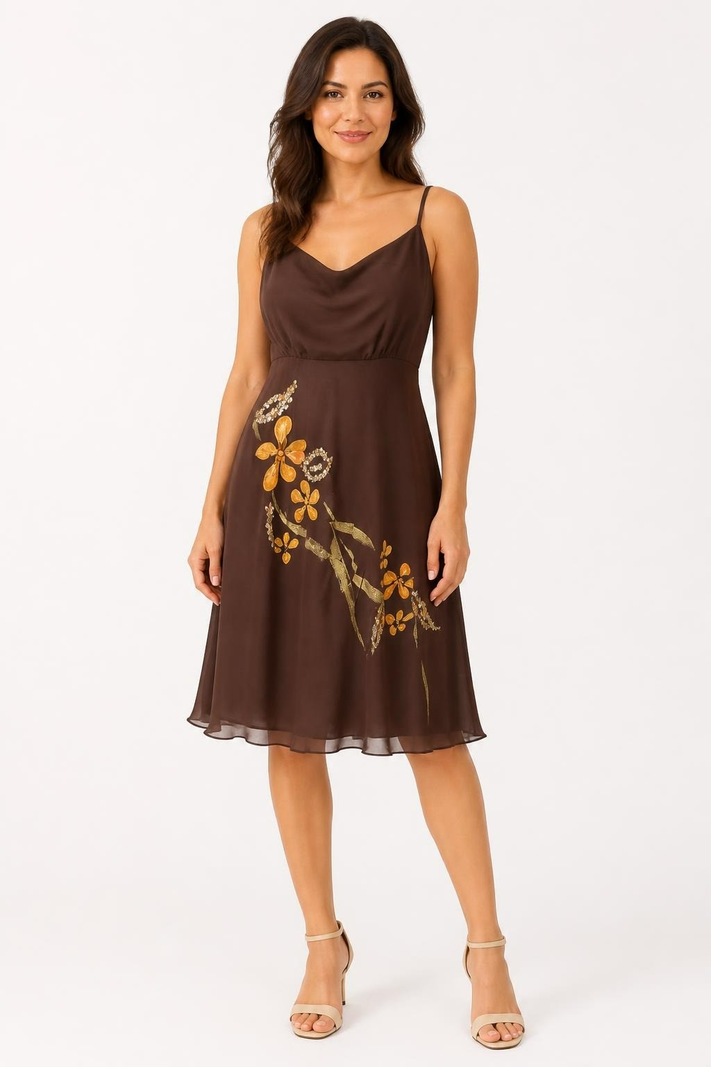 Brown Chiffon Slip Dress With Gold Floral Embroidery - on model shot, second-hand at Why Go Less, Dekwaneh, Lebanon