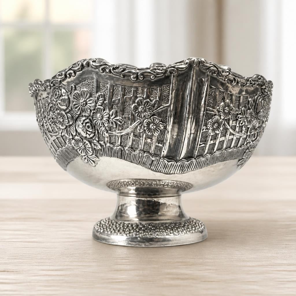 Ornate silver-tone repousse floral footed bowl - on surface shot, second-hand at Why Go Less, Dekwaneh, Lebanon