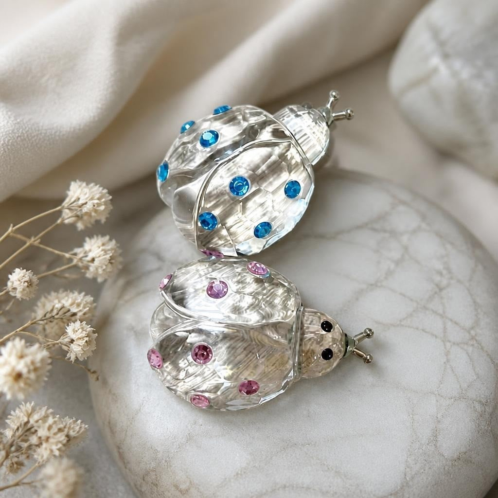 Crystal ladybug figurines x2, blue & pink gems - lifestyle shot, second-hand at Why Go Less, Dekwaneh, Lebanon