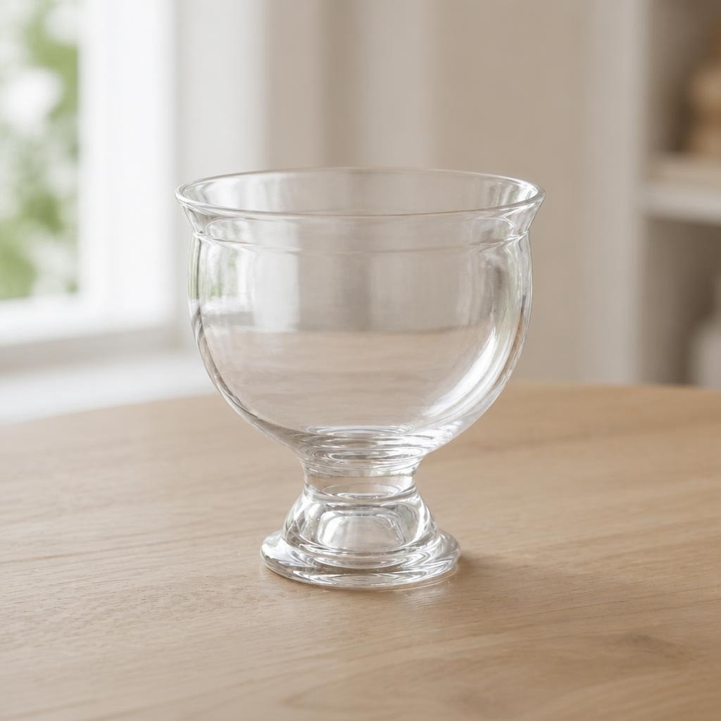 Large clear glass pedestal bowl, transparent, large - on surface shot, second-hand at Why Go Less, Dekwaneh, Lebanon