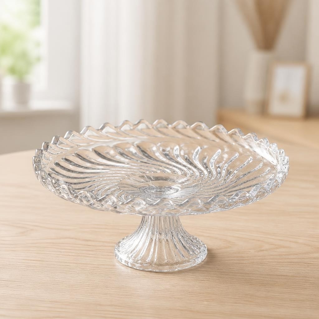 Coupe à compote à pied en verre pressé transparent avec motifs tourbillonnants | Seconde main | Pourquoi se contenter de moins ?