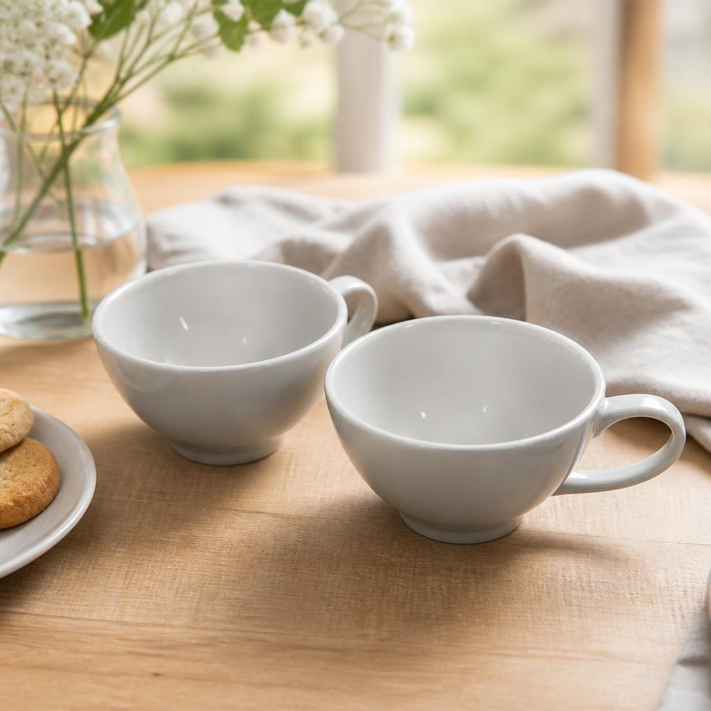 Plain White Ceramic Tea Cups x2, Wide Bowl Style | Pre-Loved | Why Go Less