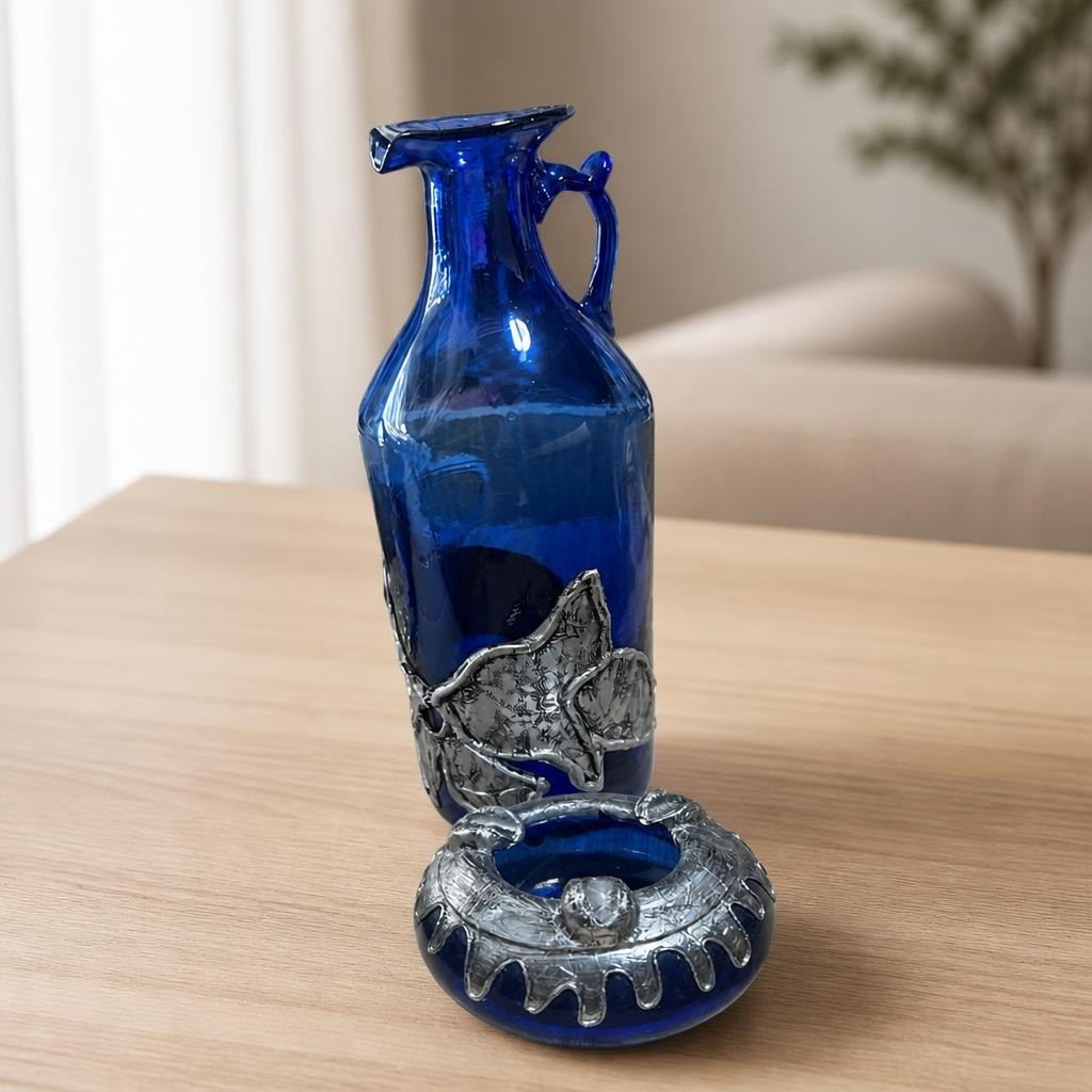 Pichet en verre bleu cobalt avec décor feuille d'argent + cendrier | Seconde main | Pourquoi se contenter de moins
