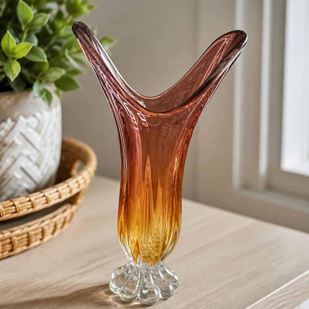 Vase en verre d'art ambre et violet style Murano, à pied | Seconde main | Pourquoi se contenter de moins