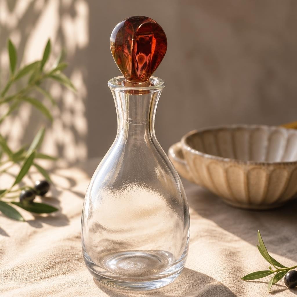 Carafe en verre transparent avec bouchon rouge | D'occasion | Pourquoi choisir moins bien