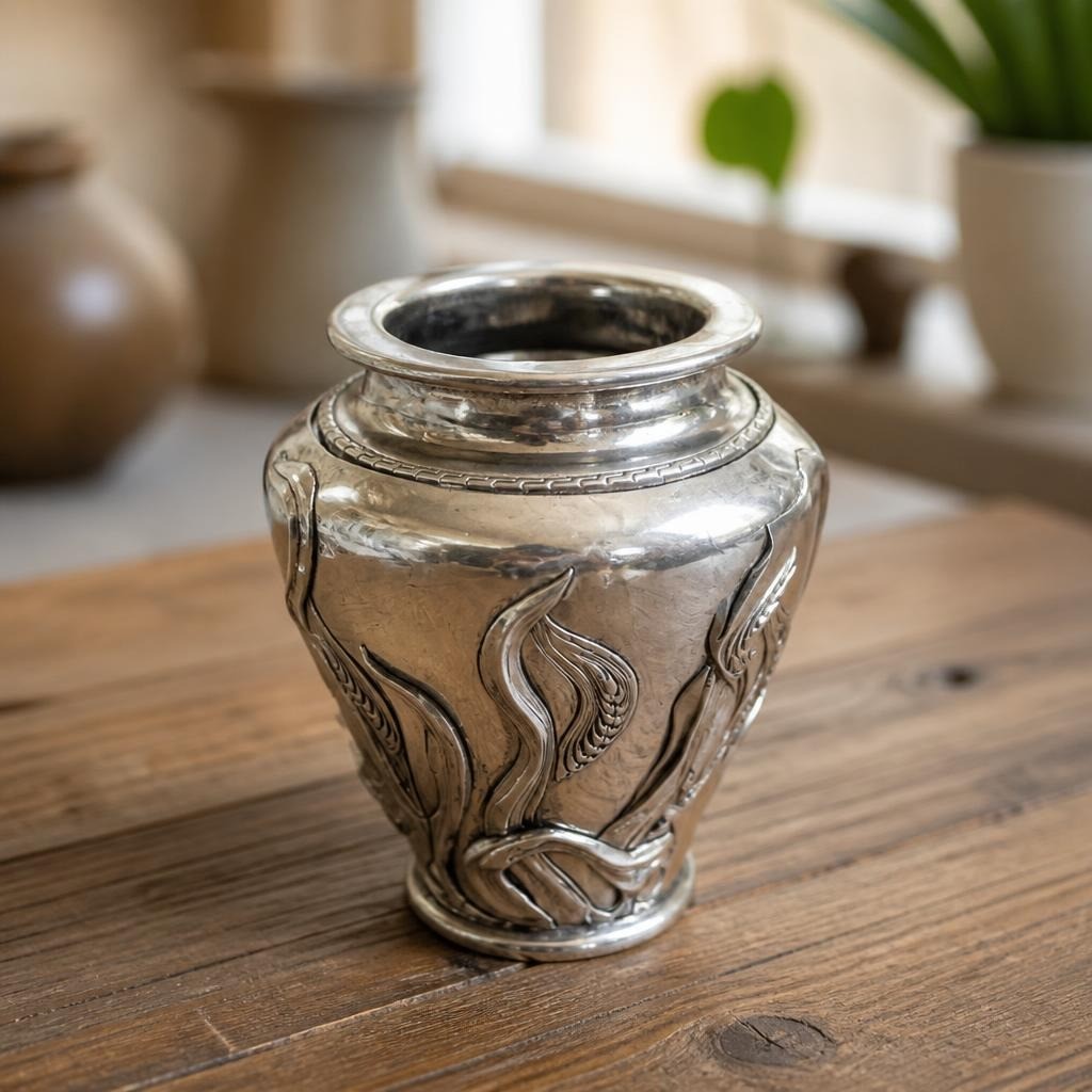 Silver-tone metal vase with floral relief | Pre-Loved | Why Go Less