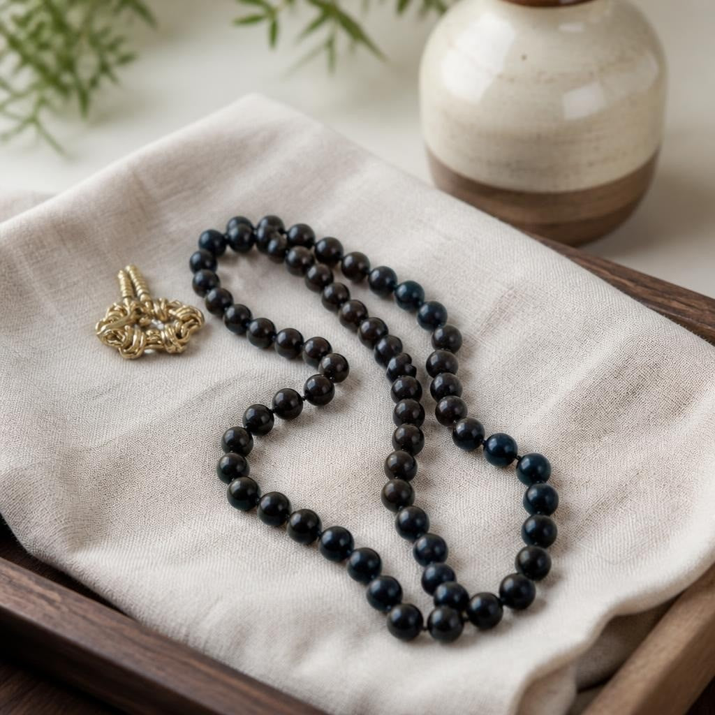 Long black round bead graduated necklace | Pre-Loved | Why Go Less