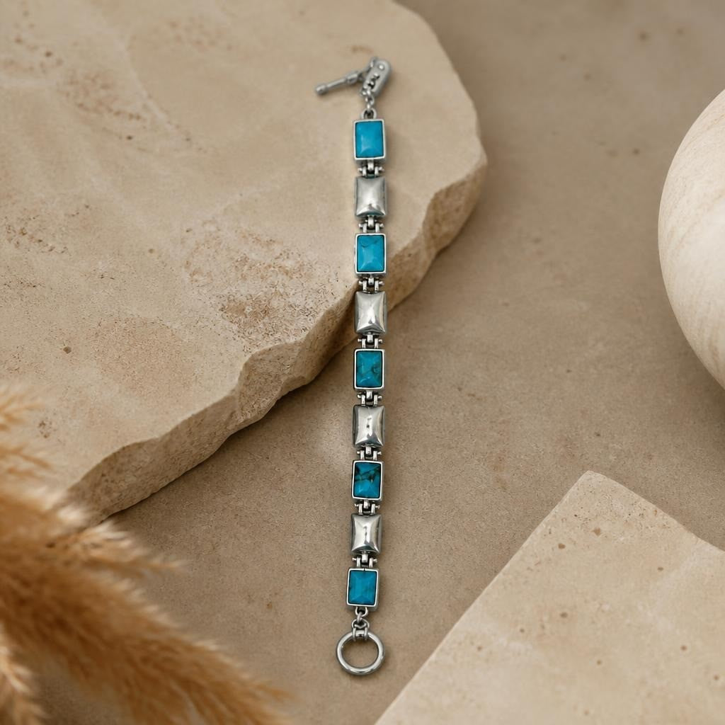Silver & Turquoise Stone Link Bracelet Toggle Clasp - at Why Go Less, Lebanon