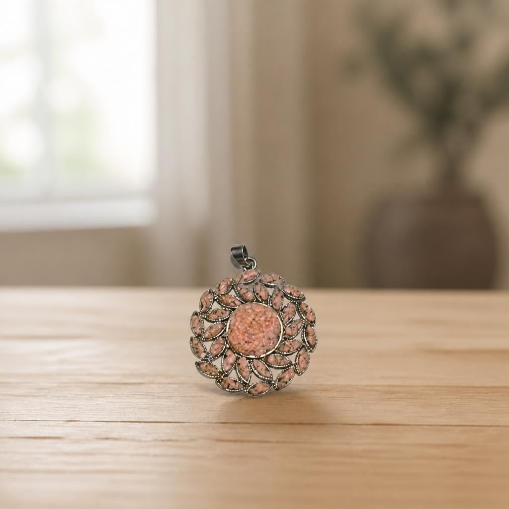 Pink stone floral round pendant silver-tone setting | Pre-Loved | Why Go Less