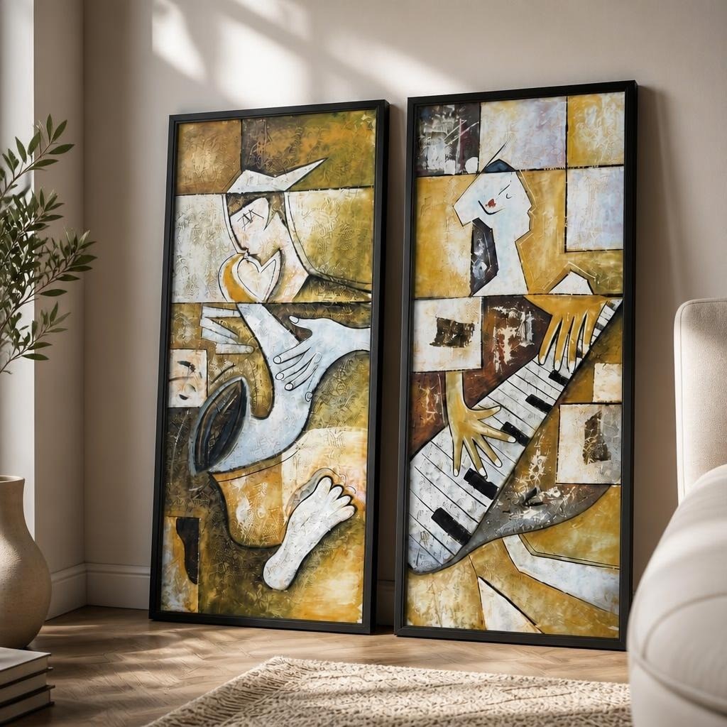 Pair abstract cubist figurative paintings, black frame - lifestyle shot, second-hand at Why Go Less, Dekwaneh, Lebanon