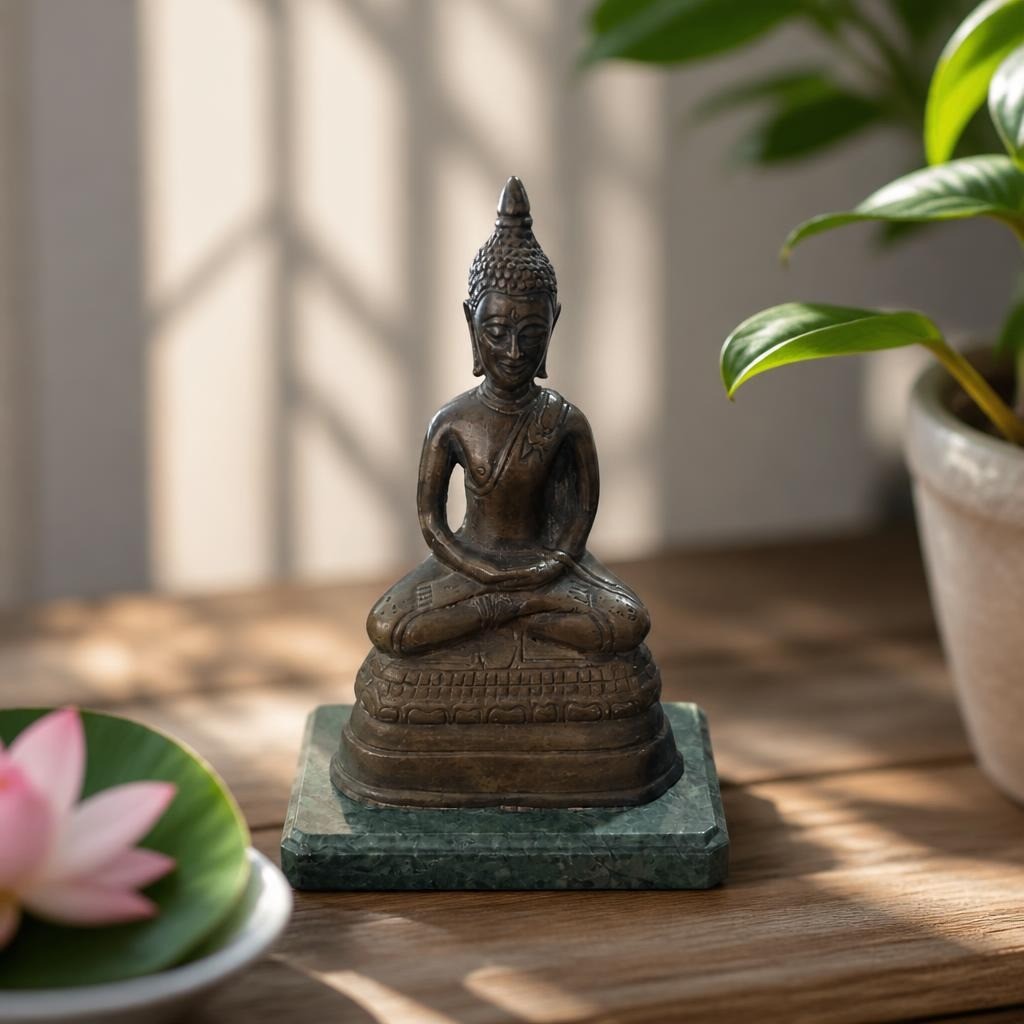 Bronze Buddha statue on green marble base Green marble base with gallery label, décor | Pre-Loved | Why Go Less