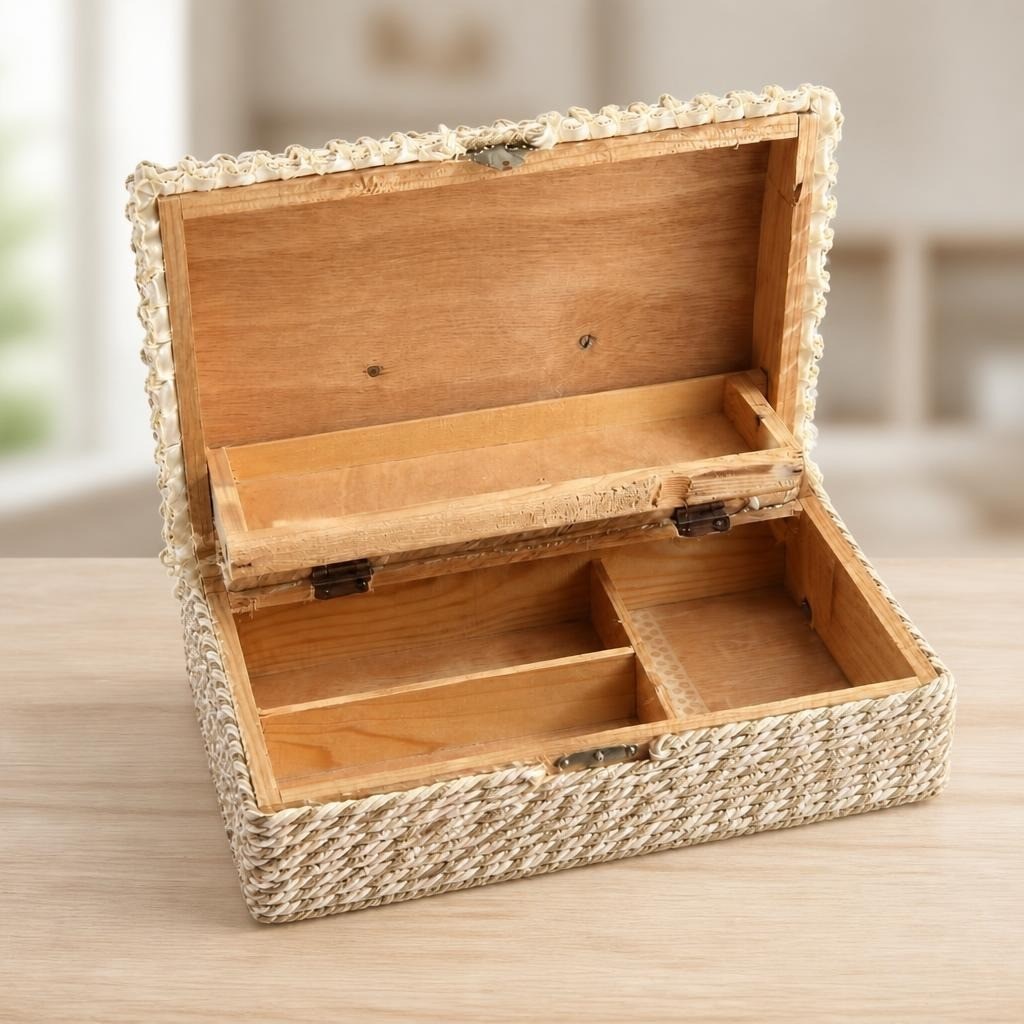 Woven straw jewelry box with wooden interior | Pre-Loved | Why Go Less
