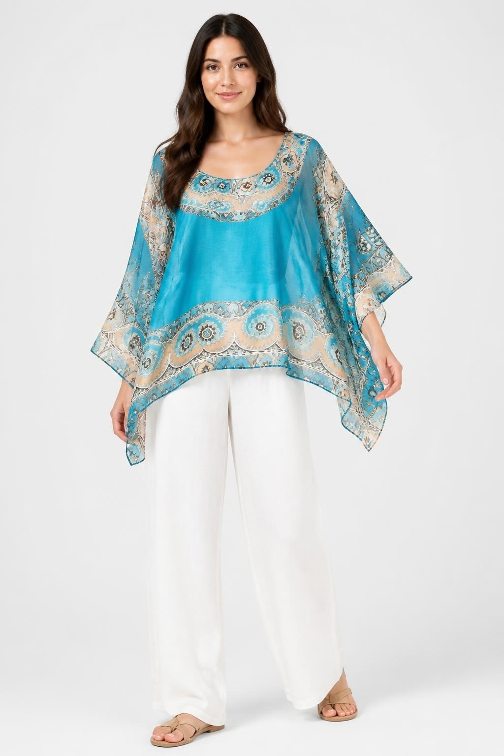 Teal blue paisley sheer wrap/kaftan - on model shot, second-hand at Why Go Less, Dekwaneh, Lebanon