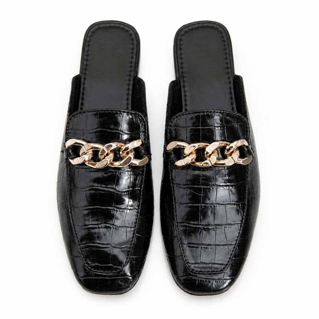 Black Croc-embossed Mule Loafers with Gold Chain - at Why Go Less, Lebanon