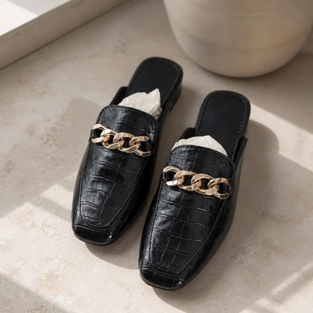 Black Croc-embossed Mule Loafers with Gold Chain - at Why Go Less, Lebanon