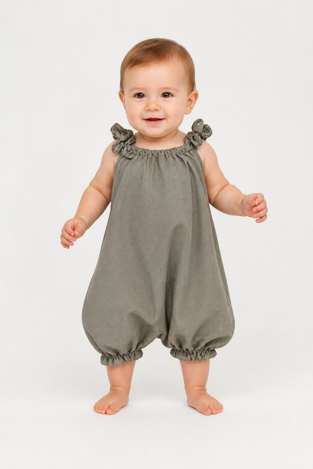 Sage green houndstooth bubble romper, babies - on model shot, second-hand at Why Go Less, Dekwaneh, Lebanon
