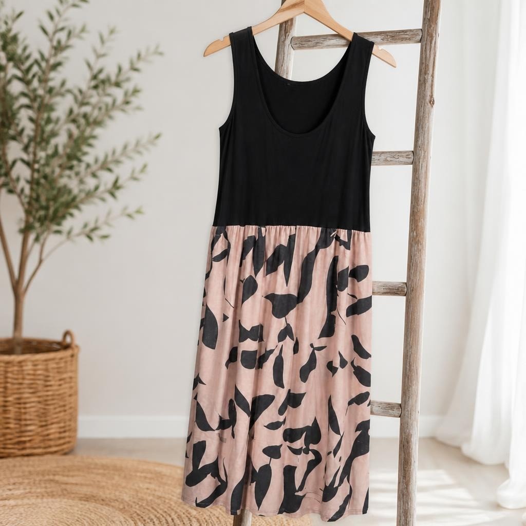Black and Pink Abstract Print Midi Dress - at Why Go Less, Lebanon
