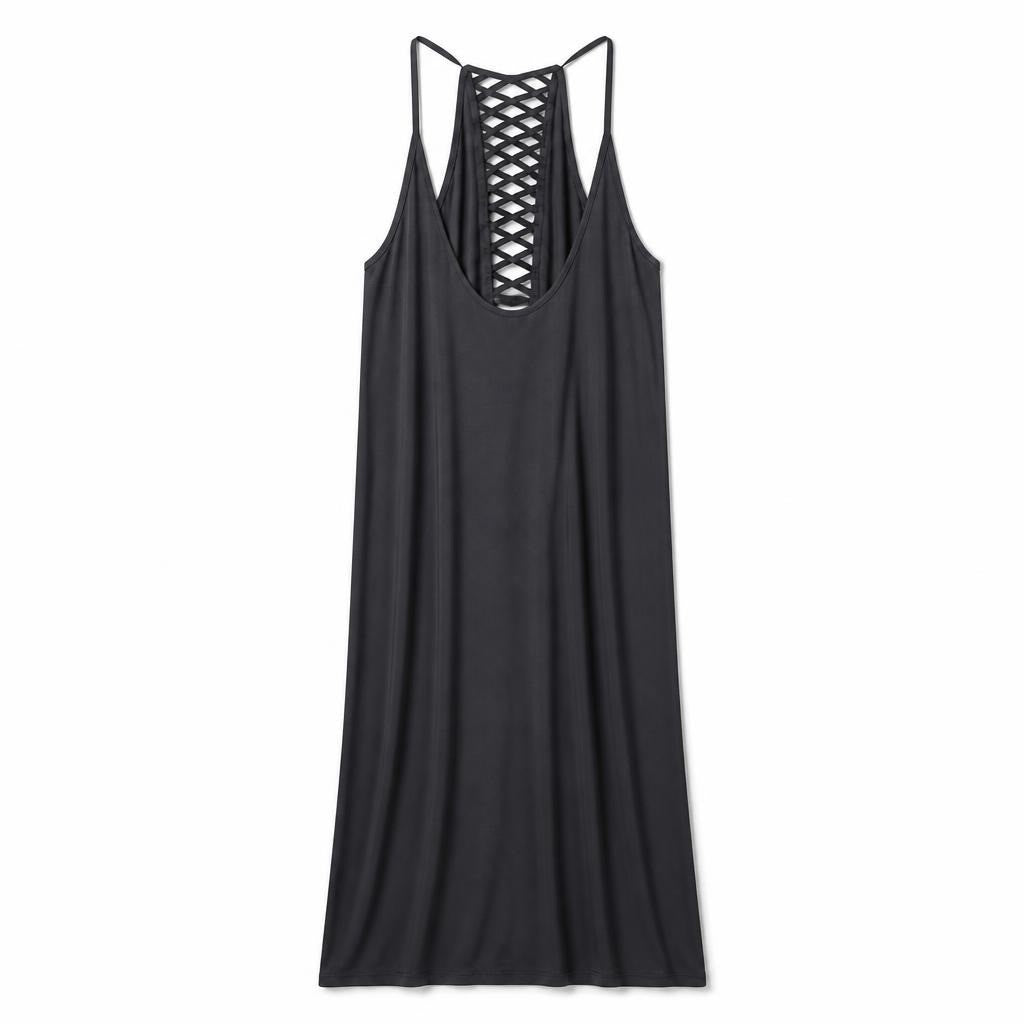 Dark grey maxi dress with lace-up back detail - flat lay shot, second-hand at Why Go Less, Dekwaneh, Lebanon