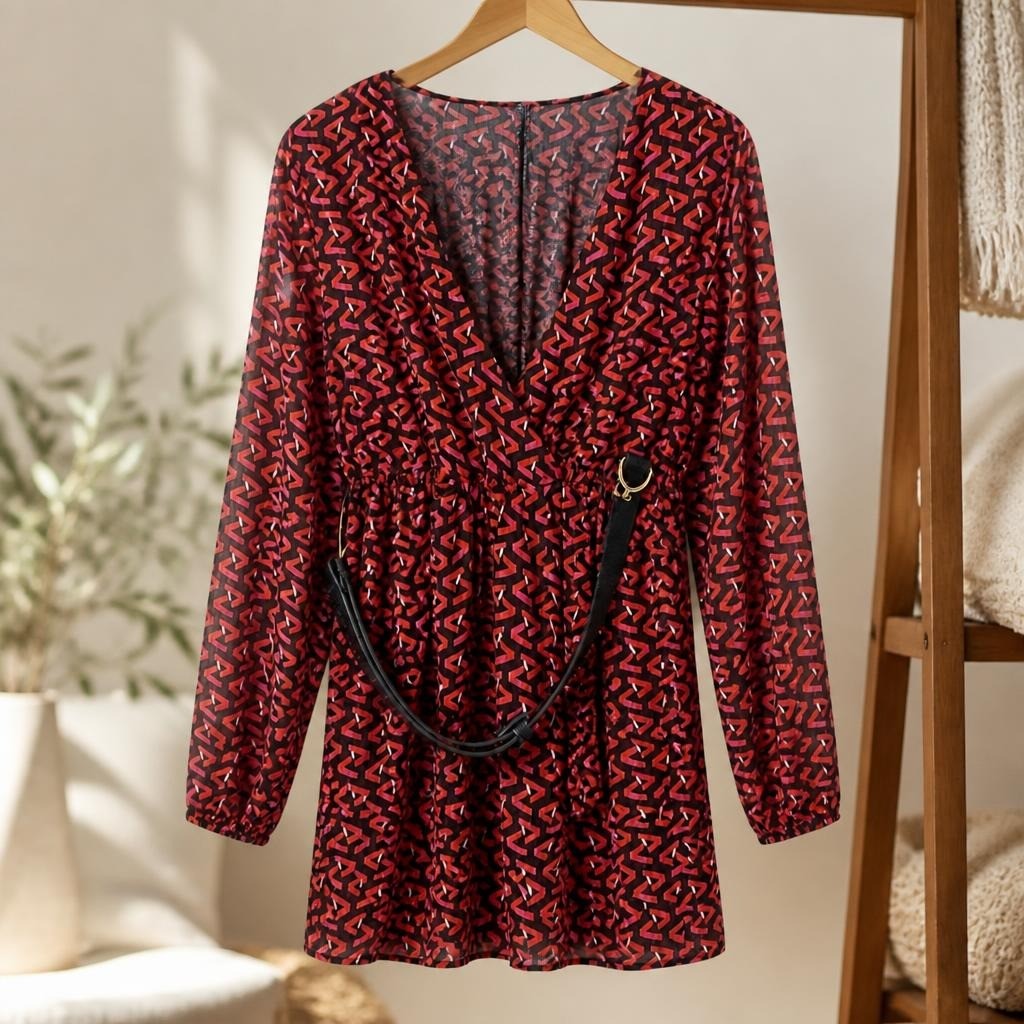 Red geometric print long-sleeve mini dress w/ belt - lifestyle shot, second-hand at Why Go Less, Dekwaneh, Lebanon
