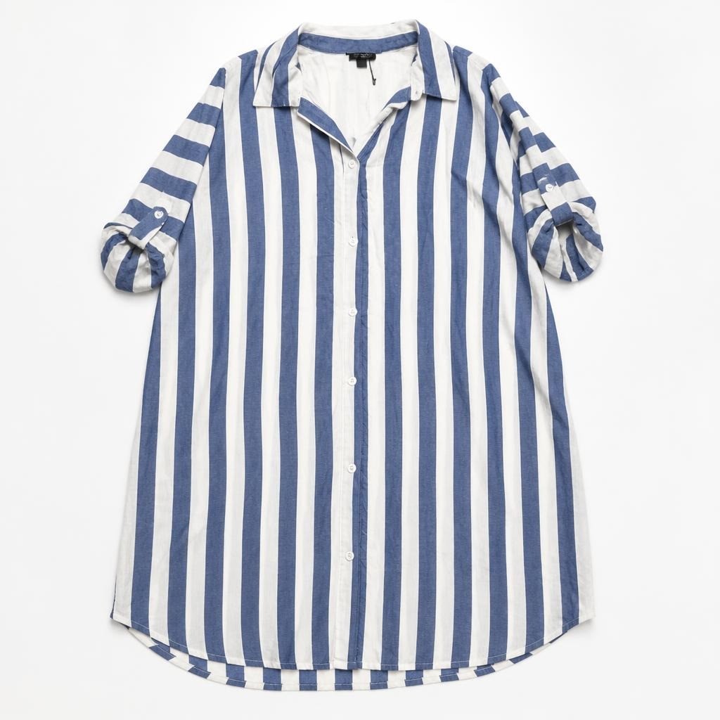 Blue white striped short-sleeve linen shirt dress - flat lay shot, second-hand at Why Go Less, Dekwaneh, Lebanon