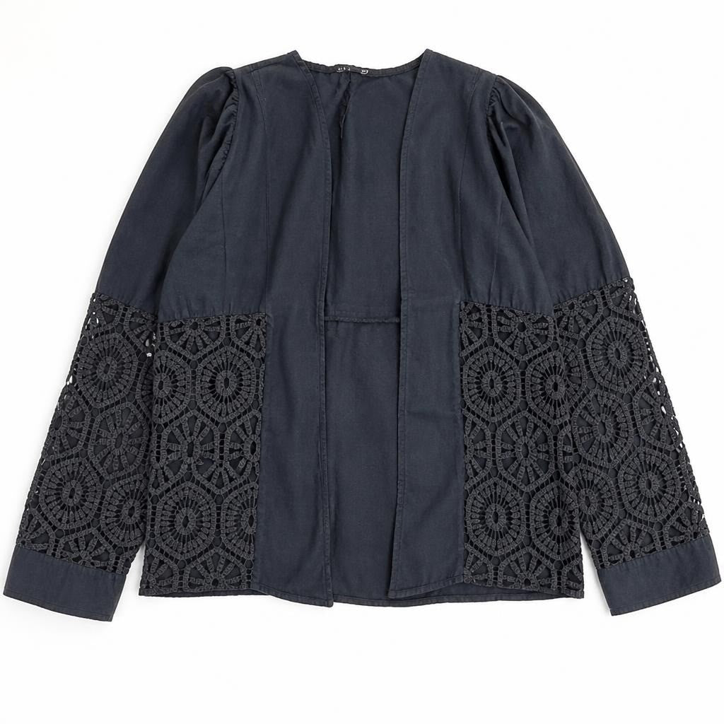 black linen jacket with crochet lace hem detail - flat lay shot, second-hand at Why Go Less, Dekwaneh, Lebanon