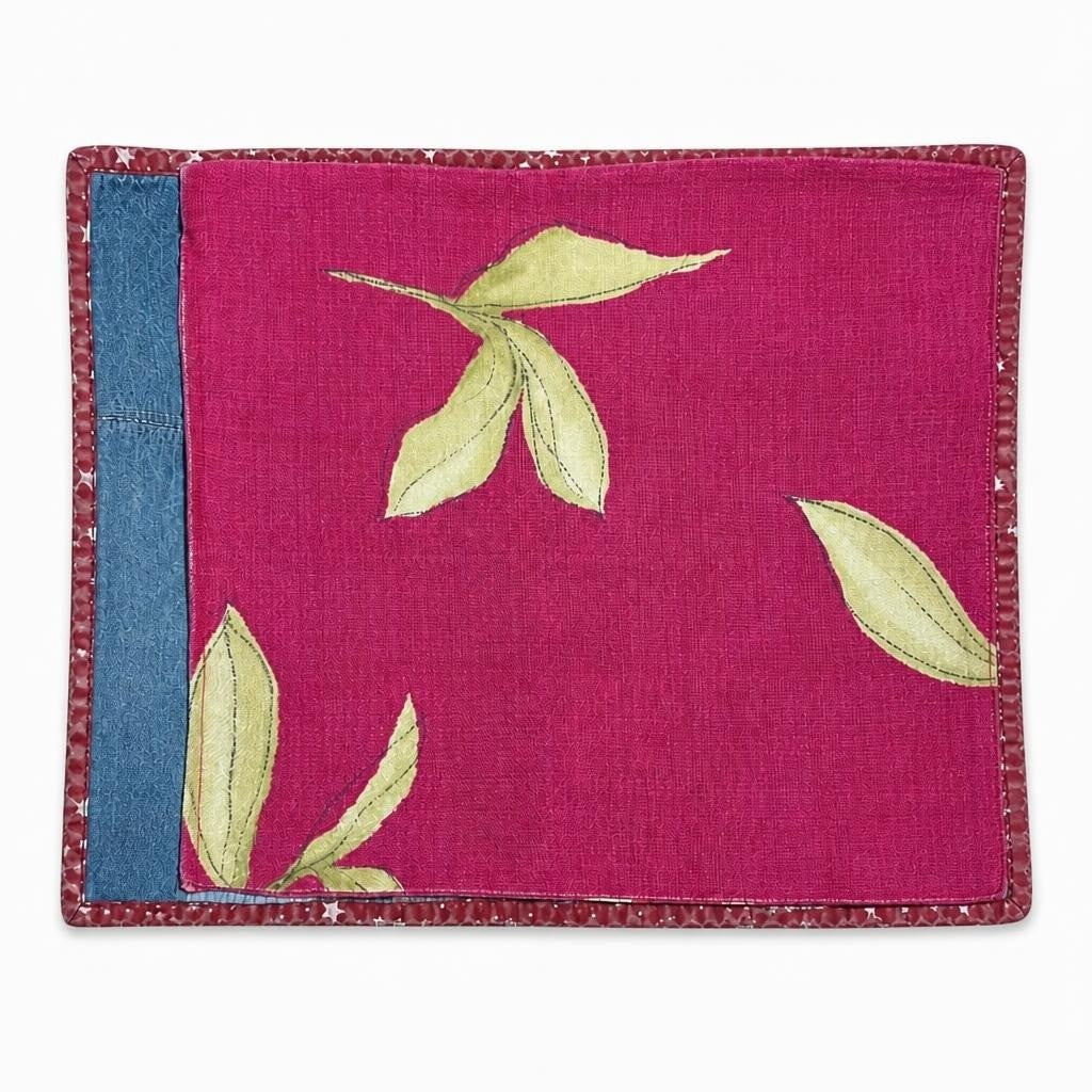 Handmade patchwork fabric placemat, pink floral leaf - flat lay shot, second-hand at Why Go Less, Dekwaneh, Lebanon