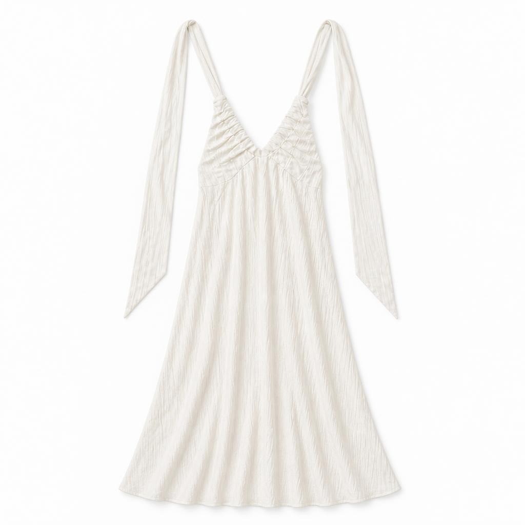 White crinkle satin tie-strap midi dress - flat lay shot, second-hand at Why Go Less, Dekwaneh, Lebanon