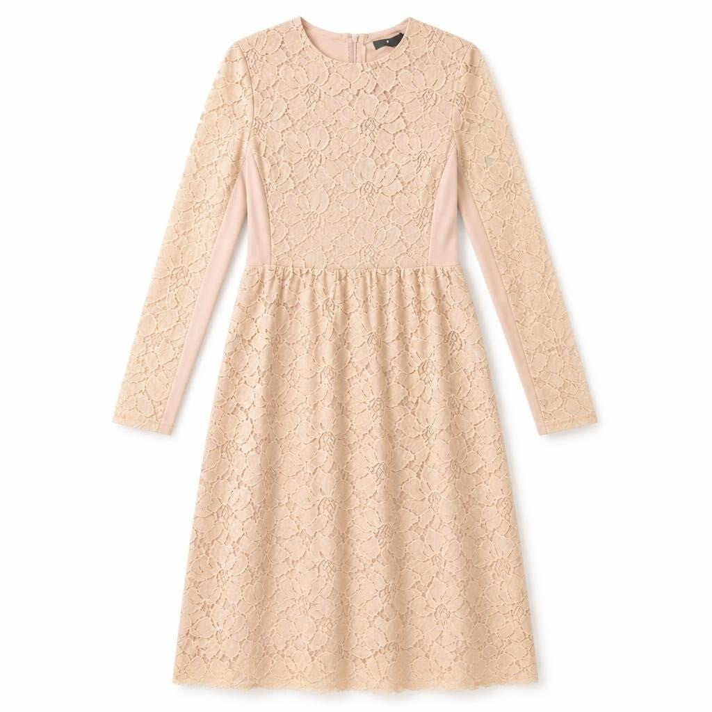 Blush pink lace long-sleeve midi dress - flat lay shot, second-hand at Why Go Less, Dekwaneh, Lebanon