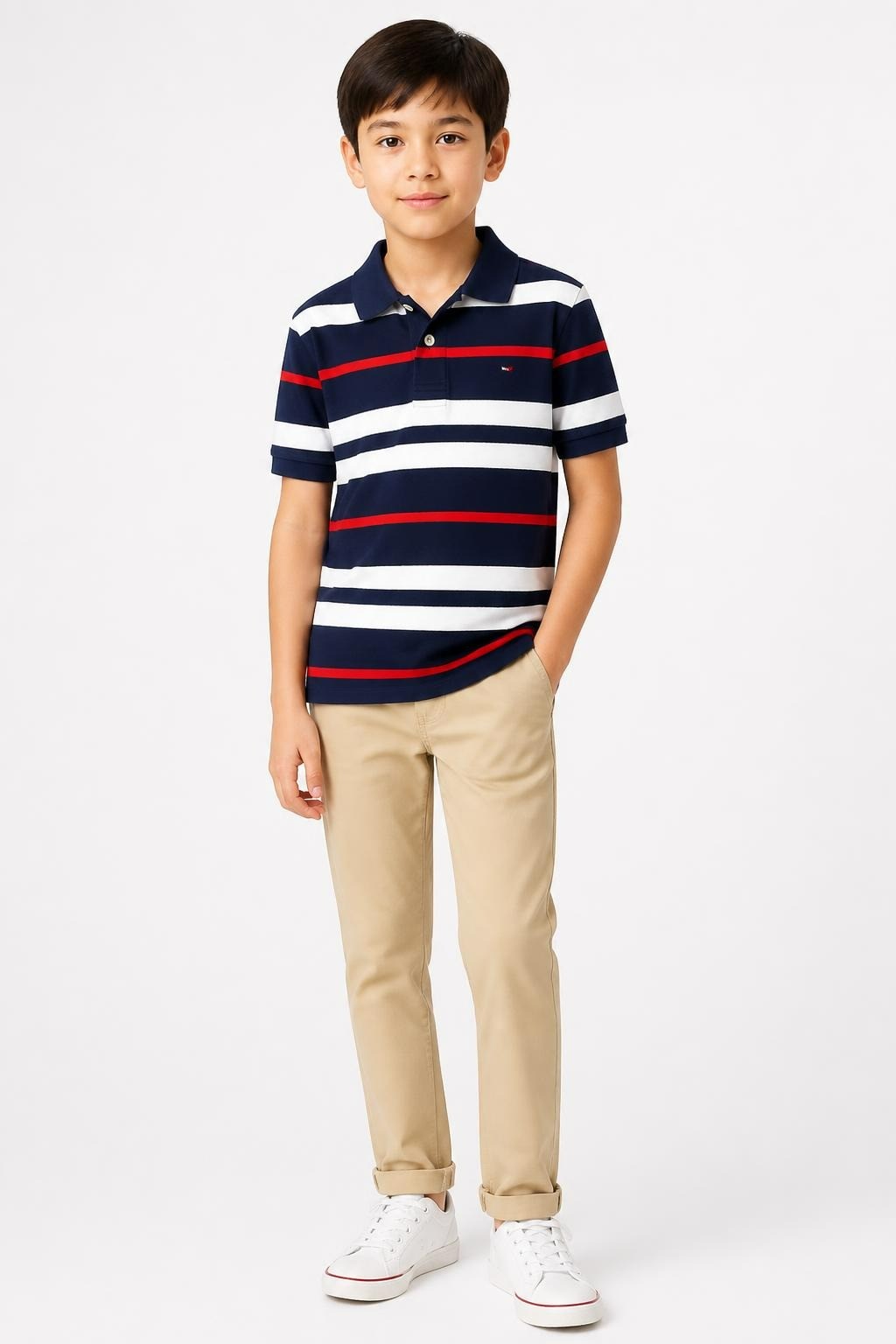 Tommy Hilfiger Striped Polo Navy/red Kids L(12-14) - at Why Go Less, Lebanon