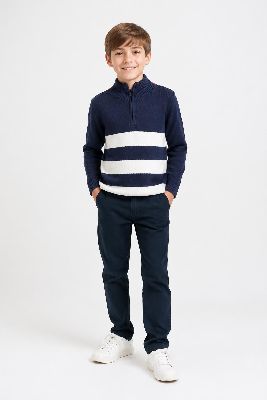 Navy/white Striped Quarter-zip Knit Sweater Kids L(12-14) - at Why Go Less, Lebanon