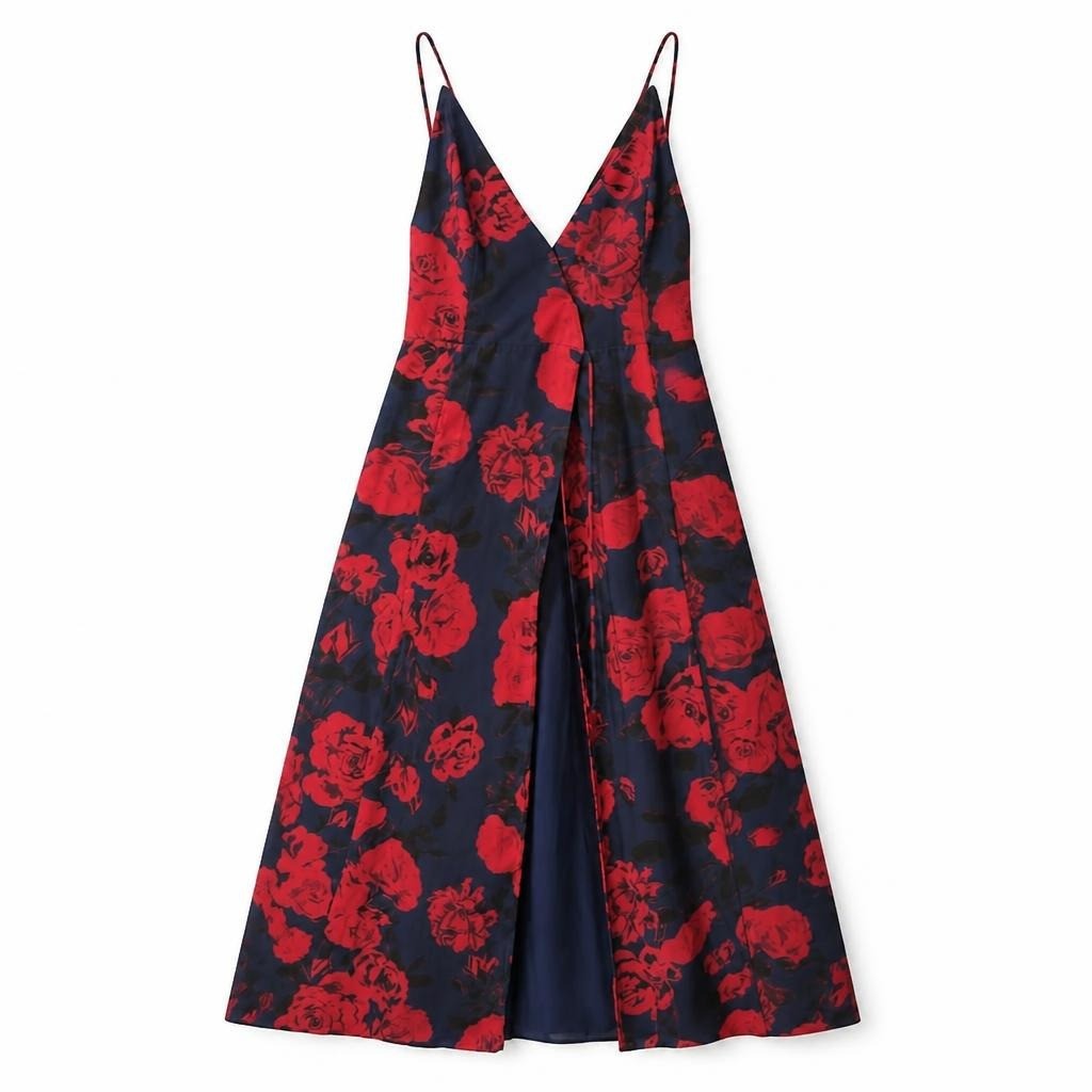 Navy blue red floral maxi dress spaghetti strap - flat lay shot, second-hand at Why Go Less, Dekwaneh, Lebanon