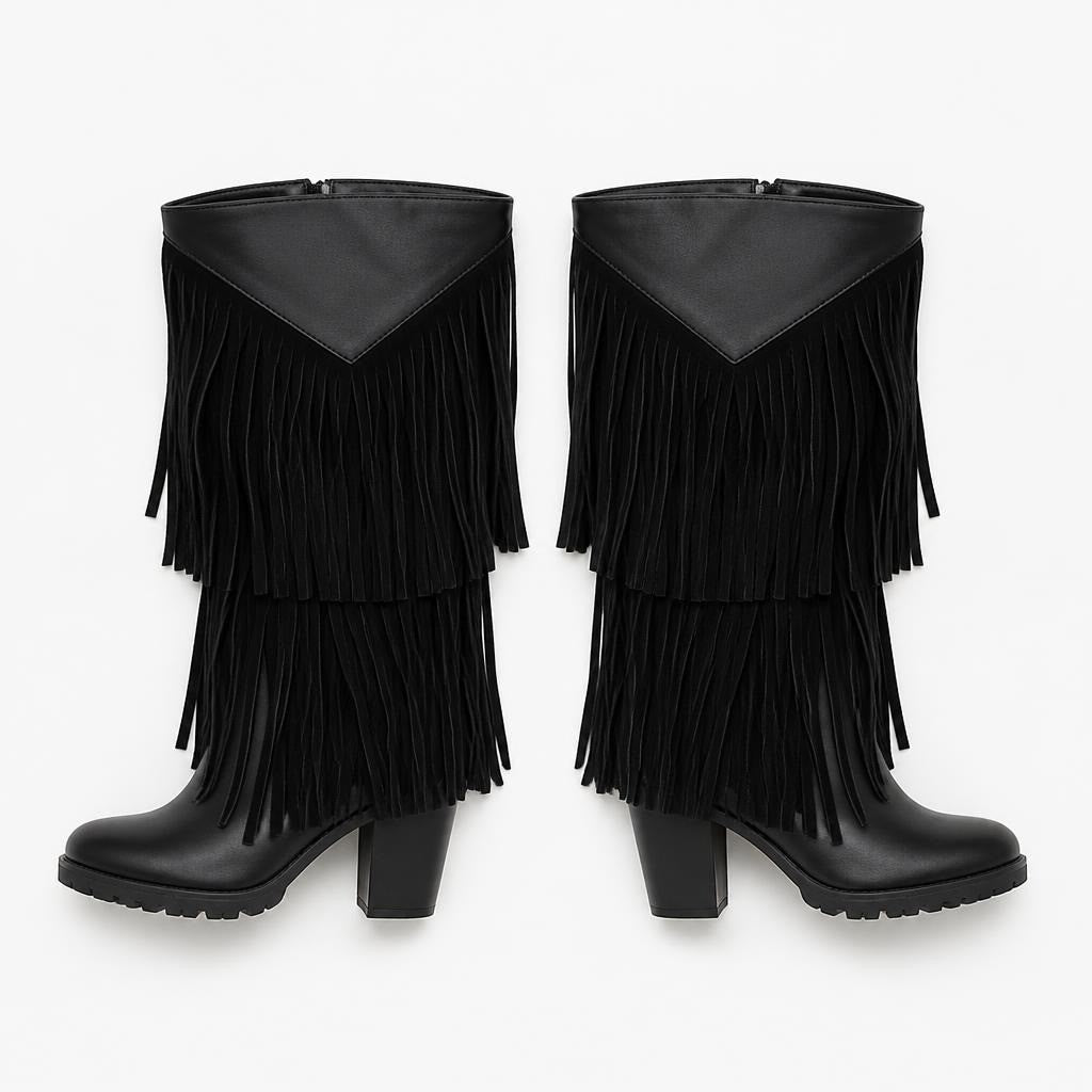 Black suede fringe heeled knee boots - flat lay shot, second-hand at Why Go Less, Dekwaneh, Lebanon