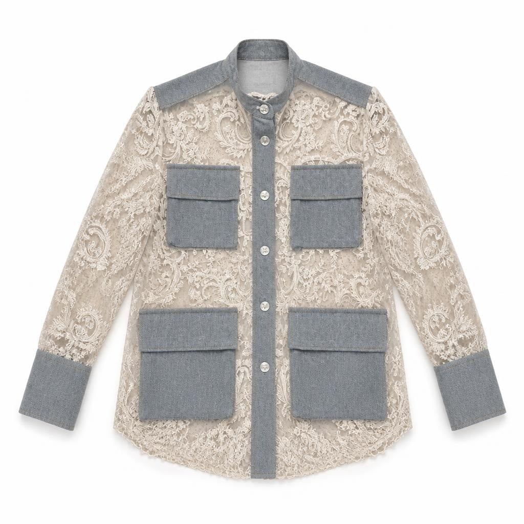 Gray denim and lace patchwork button jacket - flat lay shot, second-hand at Why Go Less, Dekwaneh, Lebanon