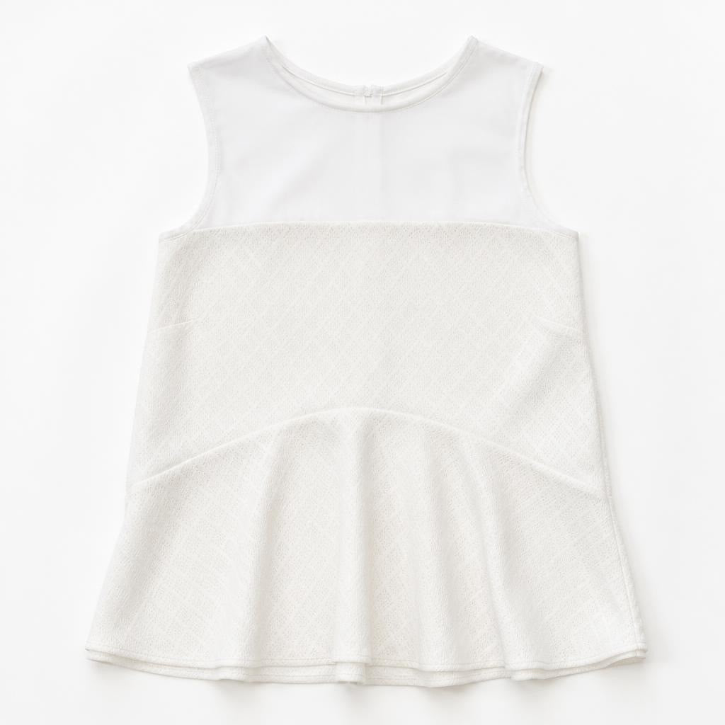 Sandro white peplum sleeveless top, two-tone - flat lay shot, second-hand at Why Go Less, Dekwaneh, Lebanon