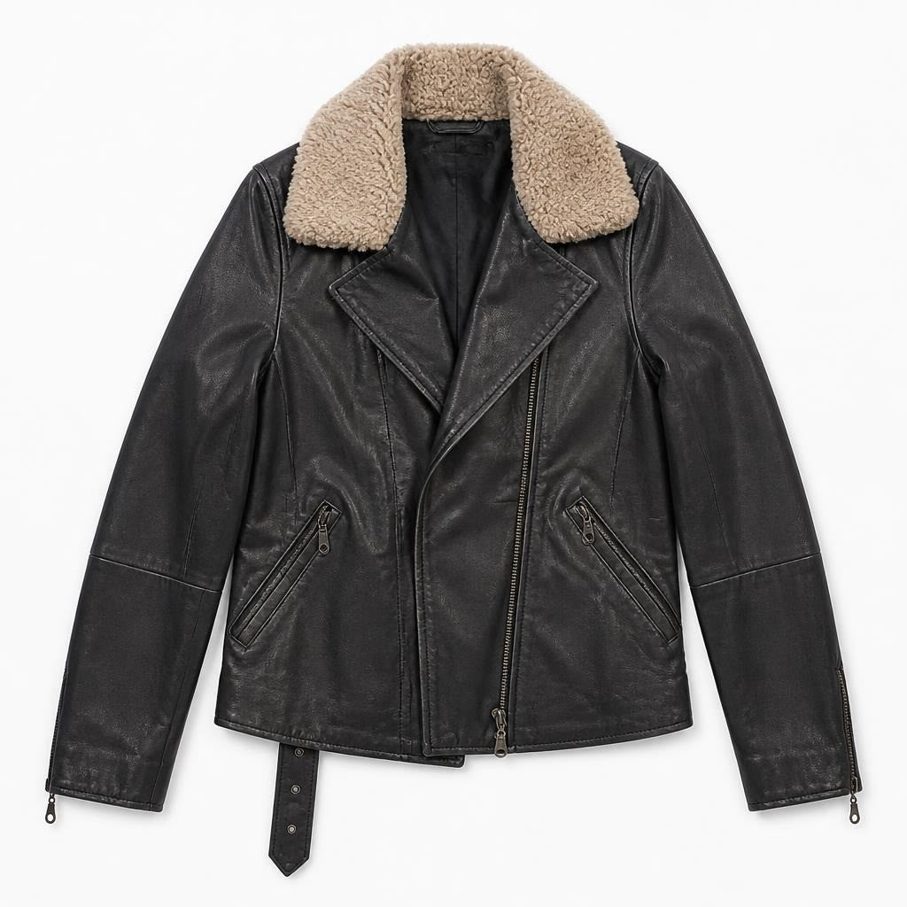 Black leather shearling-collar aviator jacket - flat lay shot, second-hand at Why Go Less, Dekwaneh, Lebanon