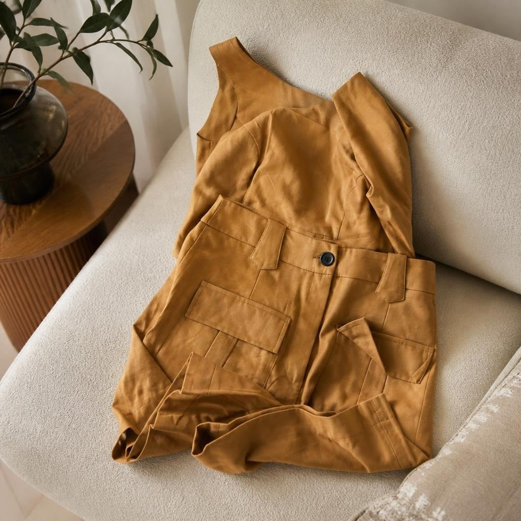 Mustard Suede-look Cargo Shorts Blazer Set - at Why Go Less, Lebanon