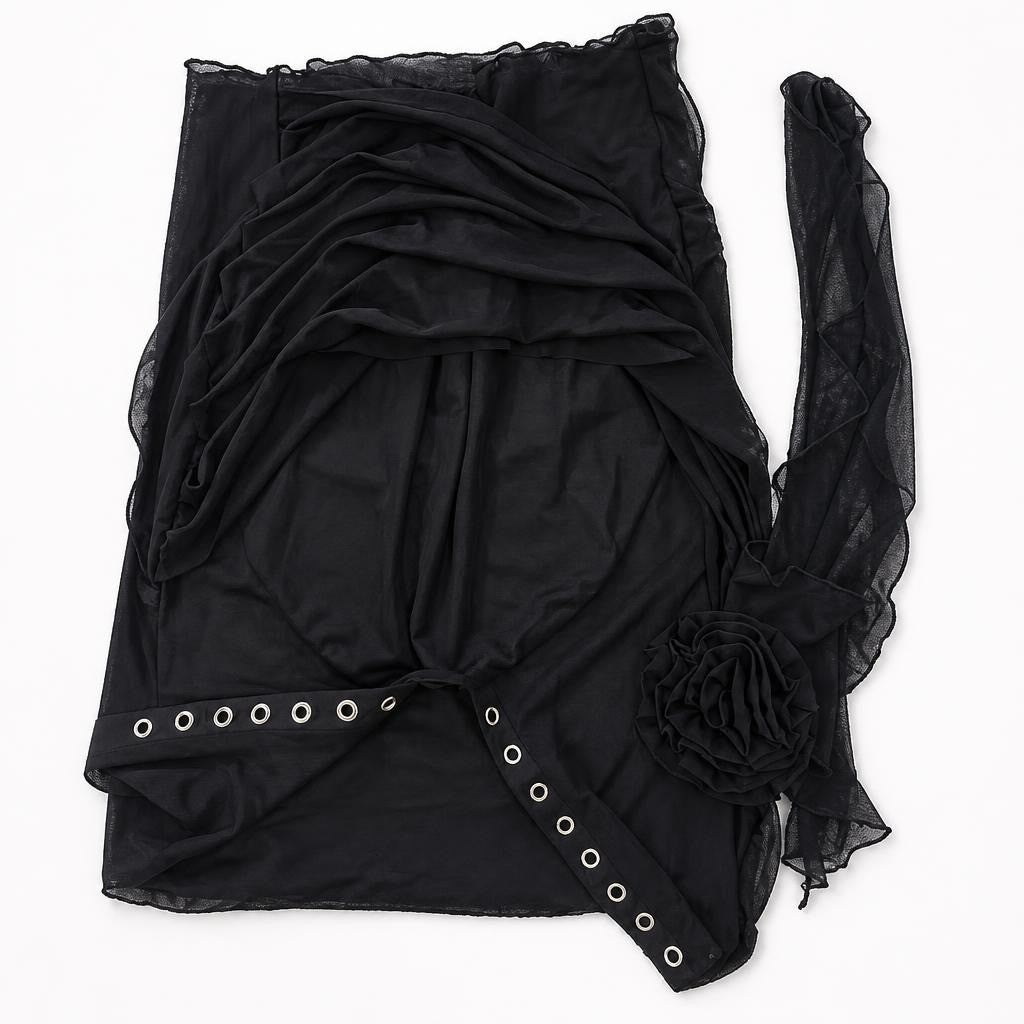 Black Ruched Strapless Mini Dress With Eyelet Belt - flat lay shot, second-hand at Why Go Less, Dekwaneh, Lebanon