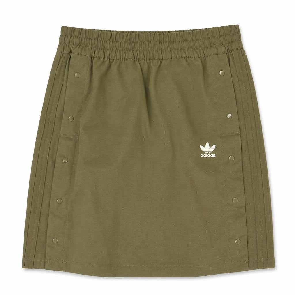 Adidas Originals olive snap skirt, size unknown - flat lay shot, second-hand at Why Go Less, Dekwaneh, Lebanon