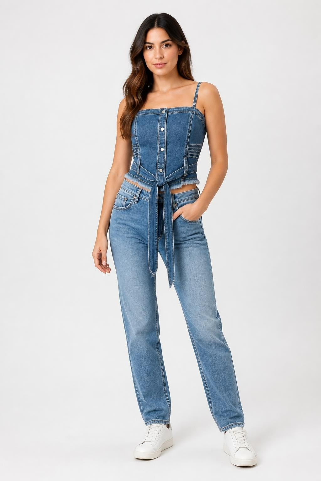 Twin Set Actitude denim corset top, blue - on model shot, second-hand at Why Go Less, Dekwaneh, Lebanon