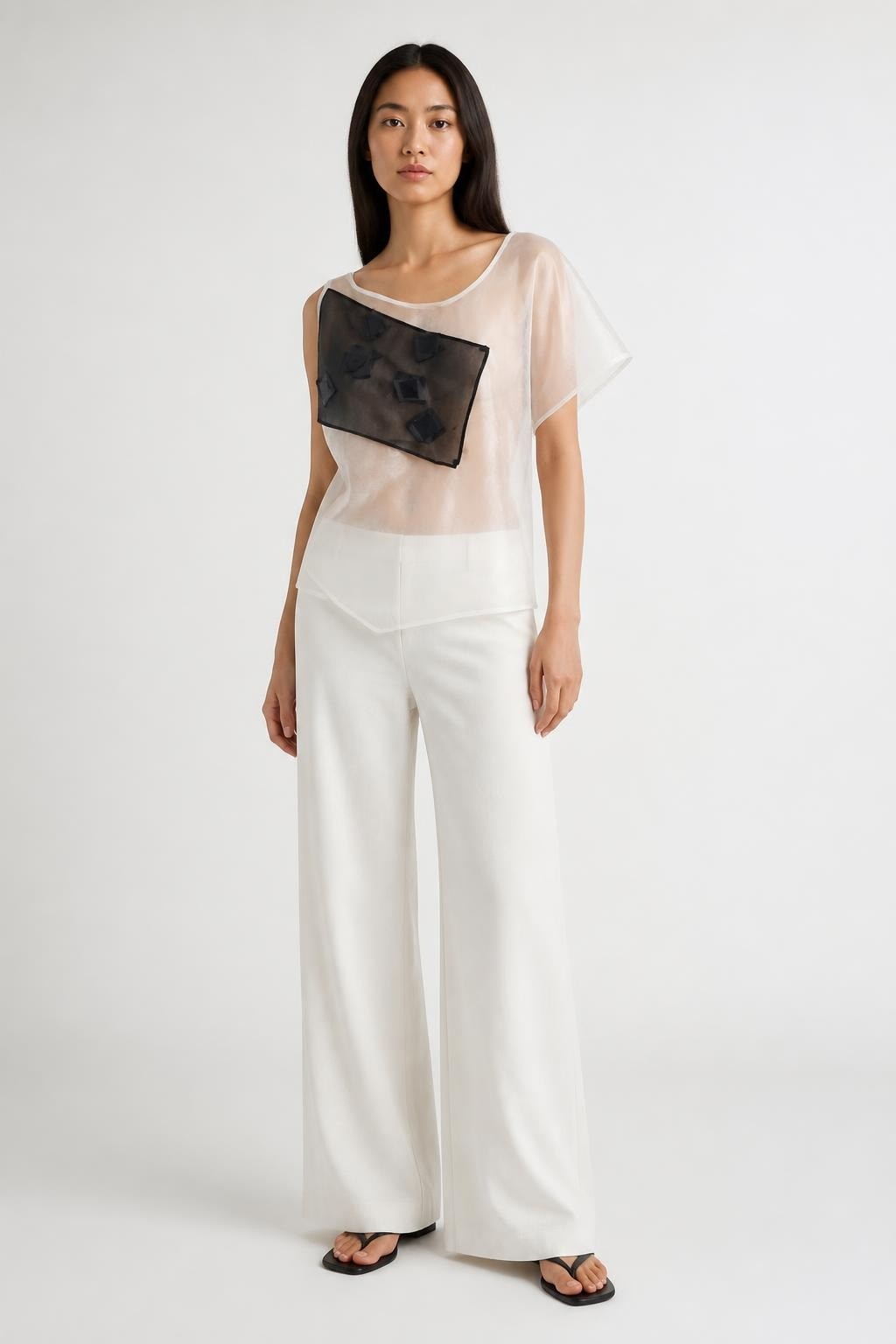 Alexuen White Sheer Organza Asymmetric Top - on model shot, second-hand at Why Go Less, Dekwaneh, Lebanon