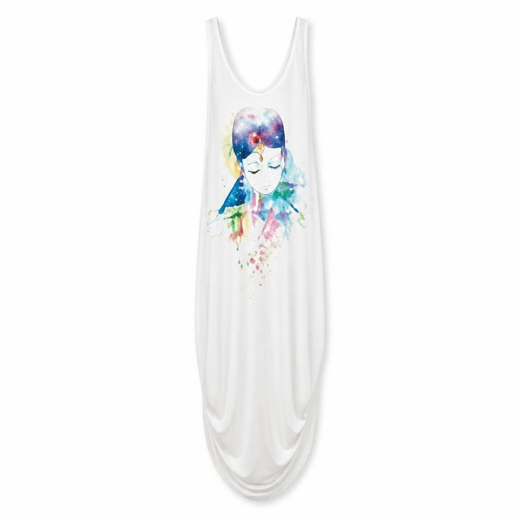 White Graphic Sleeveless Maxi Dress, Watercolor Print - at Why Go Less, Lebanon