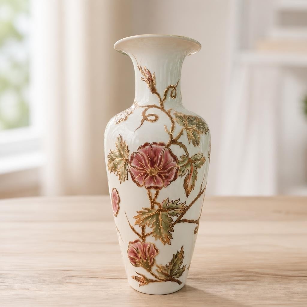 Porcelain Floral Vase White Pink Gold Detail - on surface shot, second-hand at Why Go Less, Dekwaneh, Lebanon