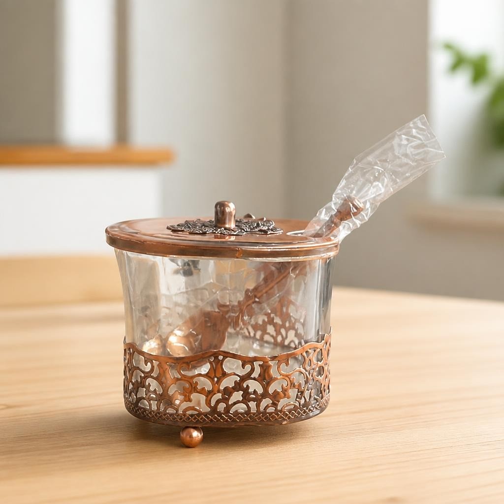 Rose Gold Glass Canister Decorative Metal Holder - on surface shot, second-hand at Why Go Less, Dekwaneh, Lebanon