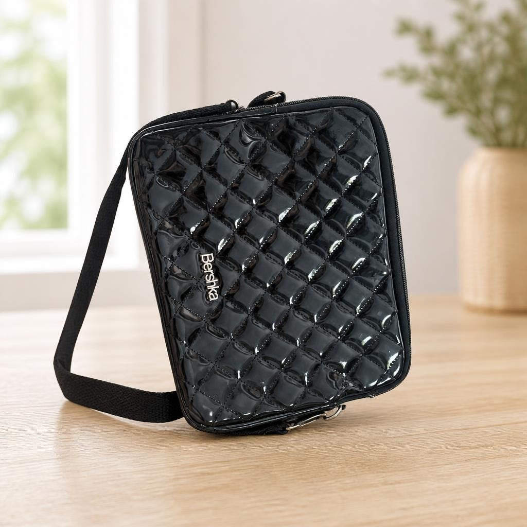 Bershka Black Patent Quilted Crossbody Bag - on surface shot, second-hand at Why Go Less, Dekwaneh, Lebanon