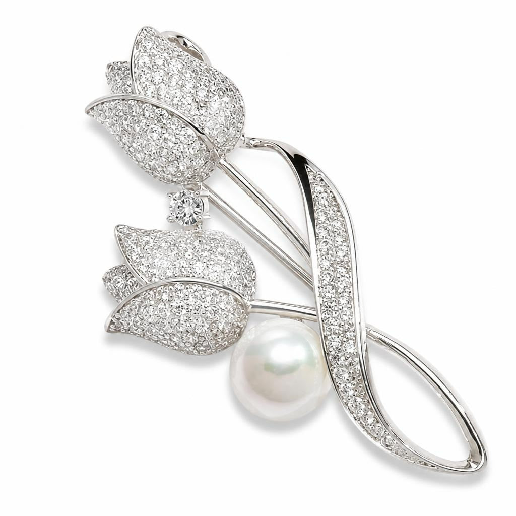 Silver Tulip Pearl Crystal Brooch, Elegant Jewelry | New | Why Go Less