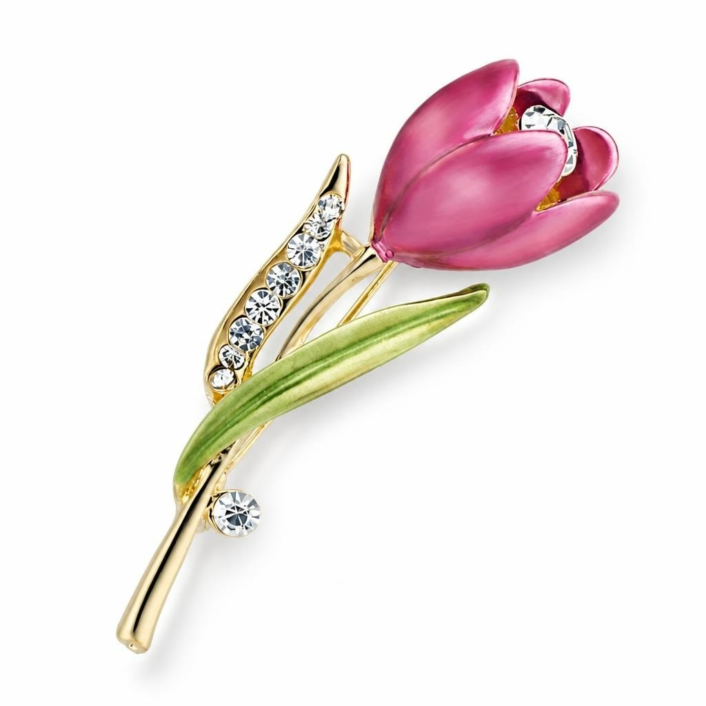 Pink Tulip Crystal Rhinestone Gold-Tone Brooch Pin | New | Why Go Less