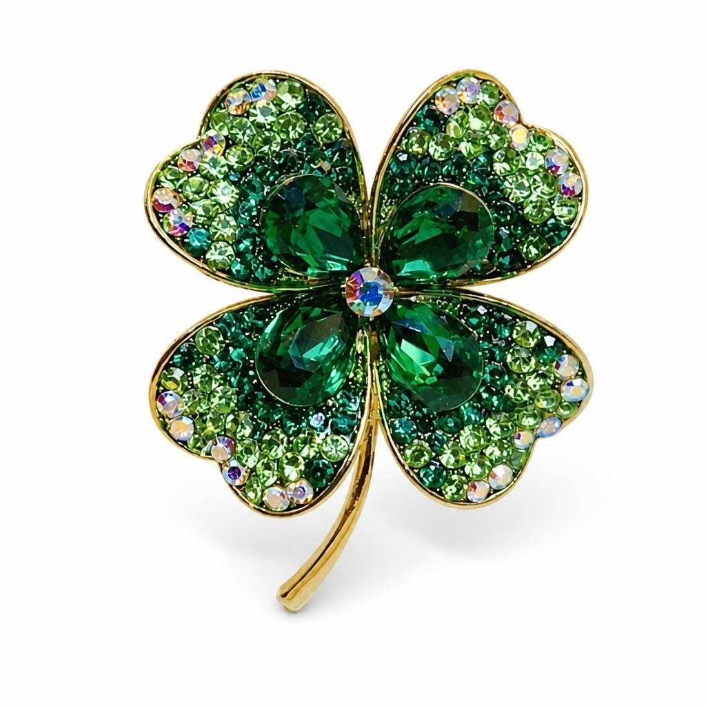 Four-Leaf Clover Brooch Pin, Green Crystal Rhinestone | New | Why Go Less